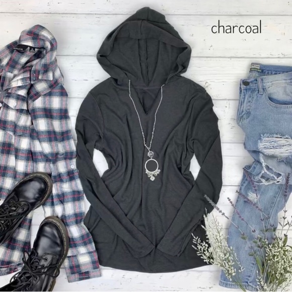 Layering Must Have • Soft V-Neck Charcoal Hoodie - Picture 1 of 5